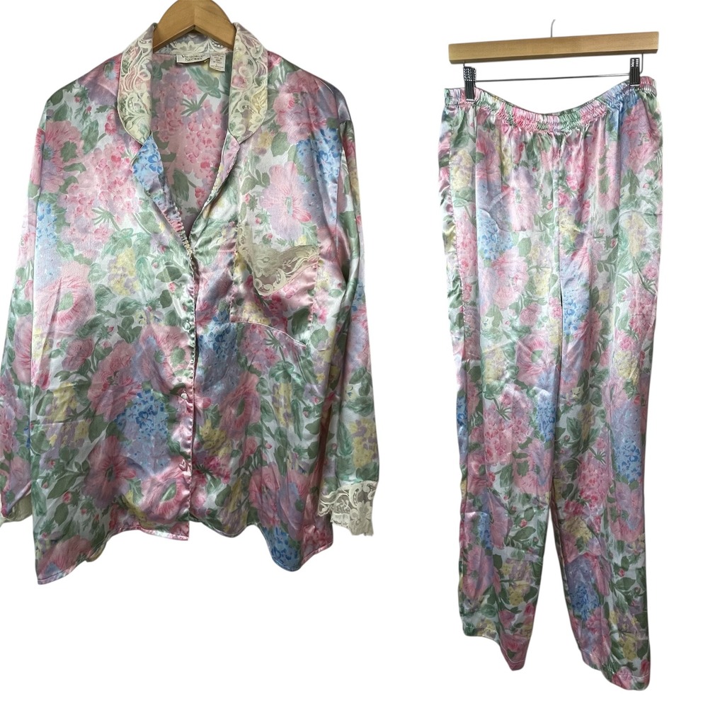 Victoria Secret Vtg Women's Gold Label Pajama Set L Pink Rose Paisley Lace Satin